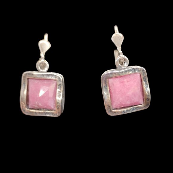 "B" Israel Hand Hammered Sterling Silver 925 Faceted Pink Rose Quartz Earrings - Picture 1 of 7